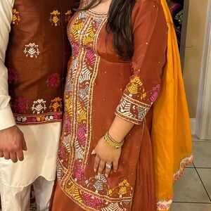 Embroidered Brown & Mustard Women's Salwar Kameez Set